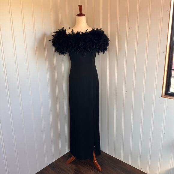 Vintage 80s/90s Volup Black Feather Maxi Dress 12 - Picture 1 of 8